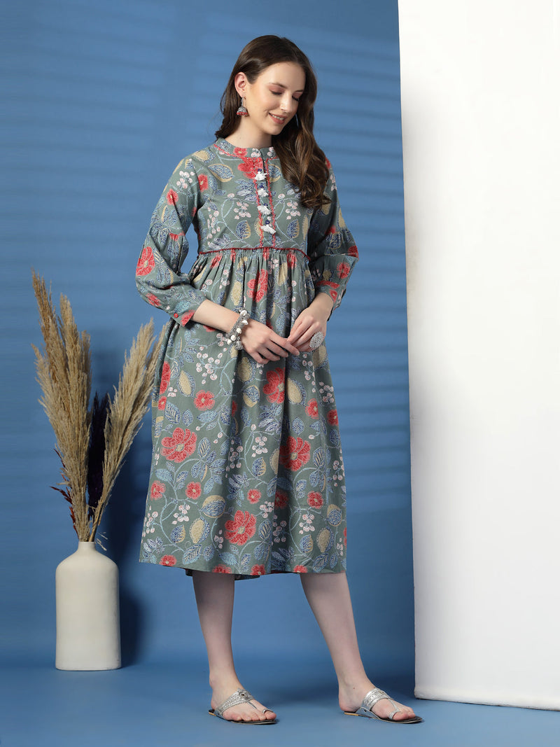 Elegant Grey A-Line Dress with Printed & Handwork Detailing