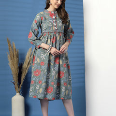 Elegant Grey A-Line Dress with Printed & Handwork Detailing