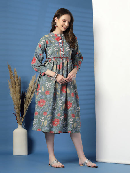 Elegant Grey A-Line Dress with Printed & Handwork Detailing