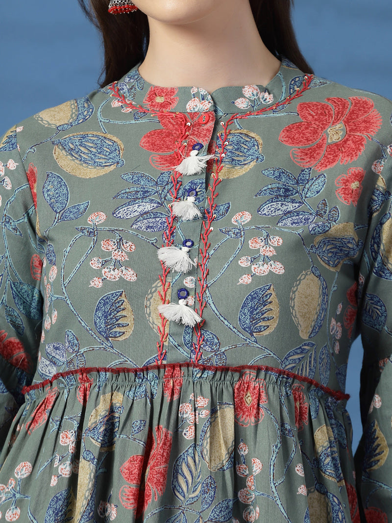 Elegant Grey A-Line Dress with Printed & Handwork Detailing