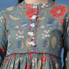 Elegant Grey A-Line Dress with Printed & Handwork Detailing