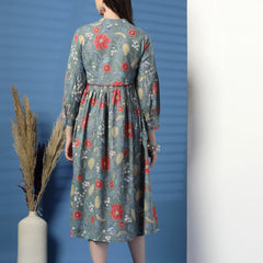 Elegant Grey A-Line Dress with Printed & Handwork Detailing