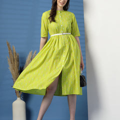 Women Lime Green Printed Cotton Fit and Flare Dress