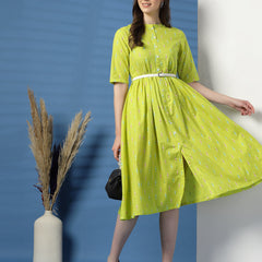 Women Lime Green Printed Cotton Fit and Flare Dress