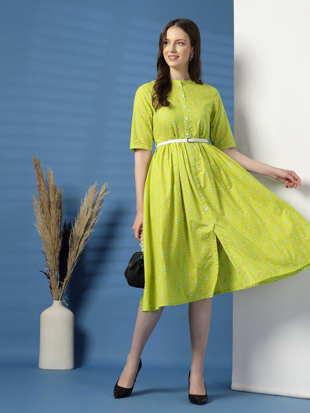 Women Lime Green Printed Cotton Fit and Flare Dress