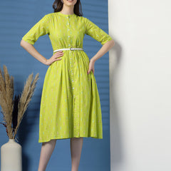 Women Lime Green Printed Cotton Fit and Flare Dress
