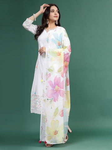 Women White Color Embroidery Kurta Pant With Printed Dupatta Set