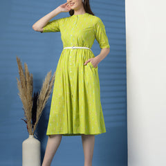 Women Lime Green Printed Cotton Fit and Flare Dress