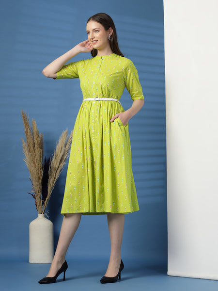 Women Lime Green Printed Cotton Fit and Flare Dress