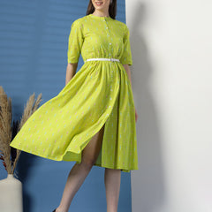Women Lime Green Printed Cotton Fit and Flare Dress