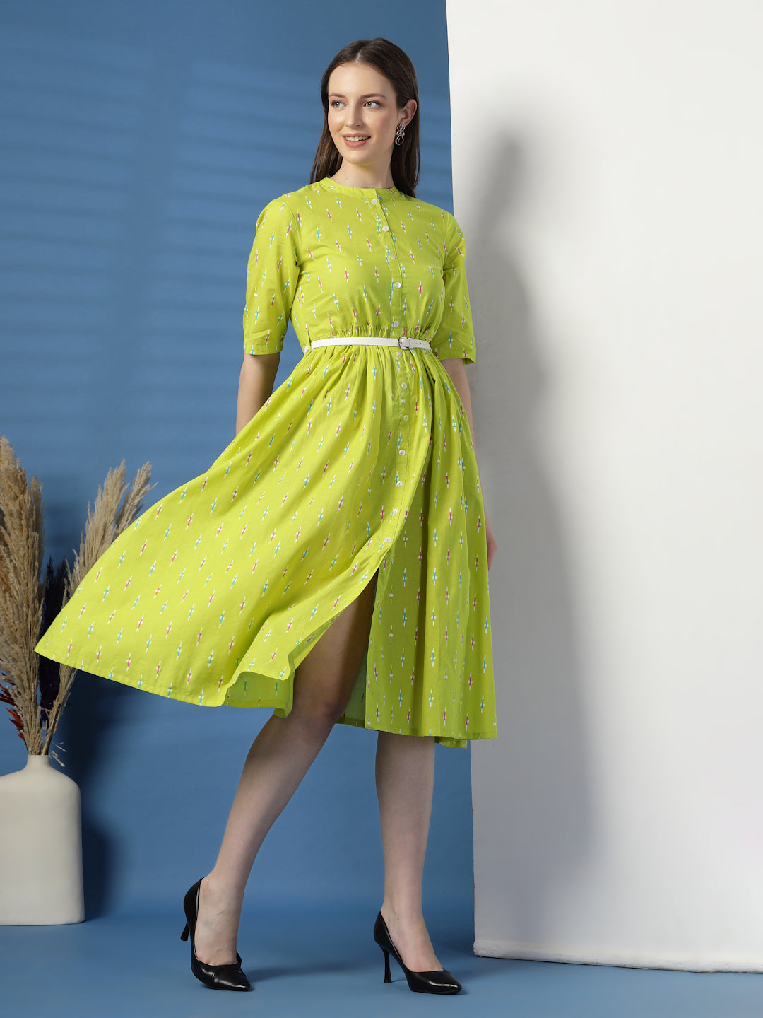 Women Lime Green Printed Cotton Fit and Flare Dress Ramaskurtijaipur Women Lime Green Printed Cotton Fit and Flare Dress Ramaskurtijaipur