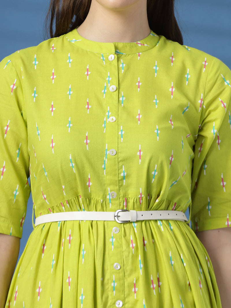 Women Lime Green Printed Cotton Fit and Flare Dress