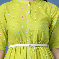 Women Lime Green Printed Cotton Fit and Flare Dress