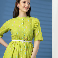 Women Lime Green Printed Cotton Fit and Flare Dress