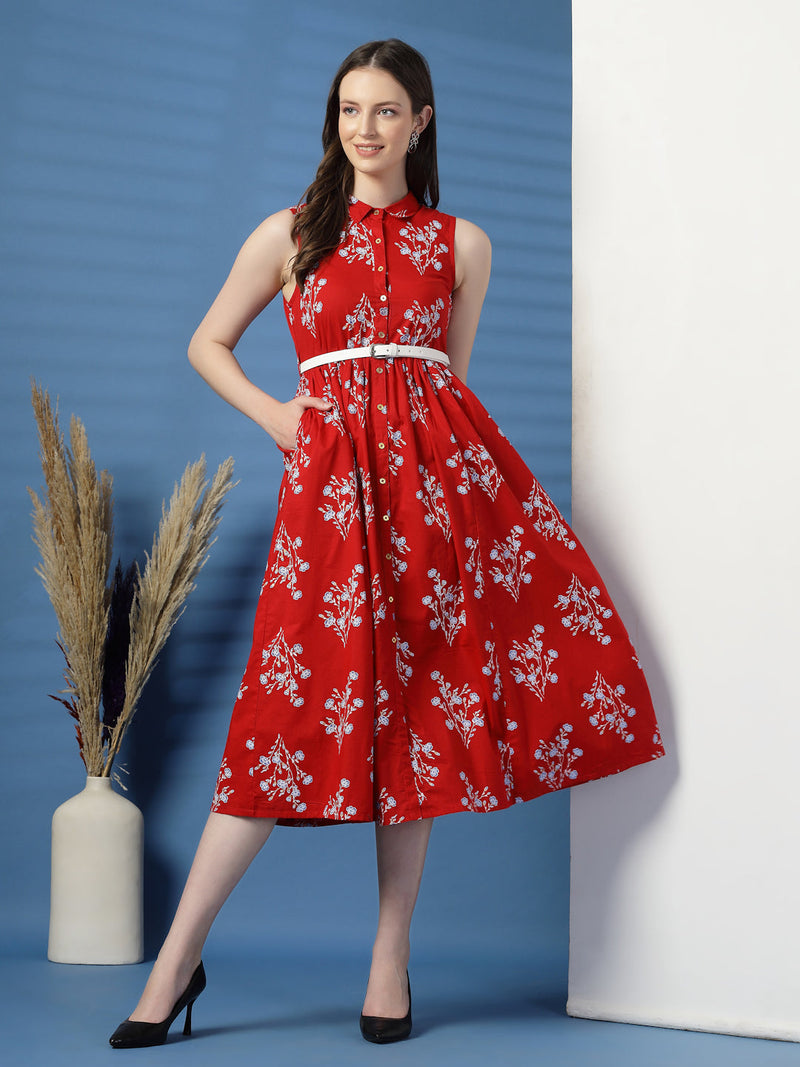 Elegant Red Printed Cotton Dress – A Timeless Classic!