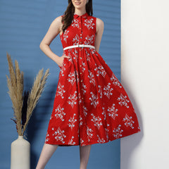 Elegant Red Printed Cotton Dress – A Timeless Classic!