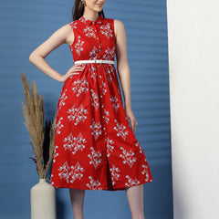 Elegant Red Printed Cotton Dress – A Timeless Classic!
