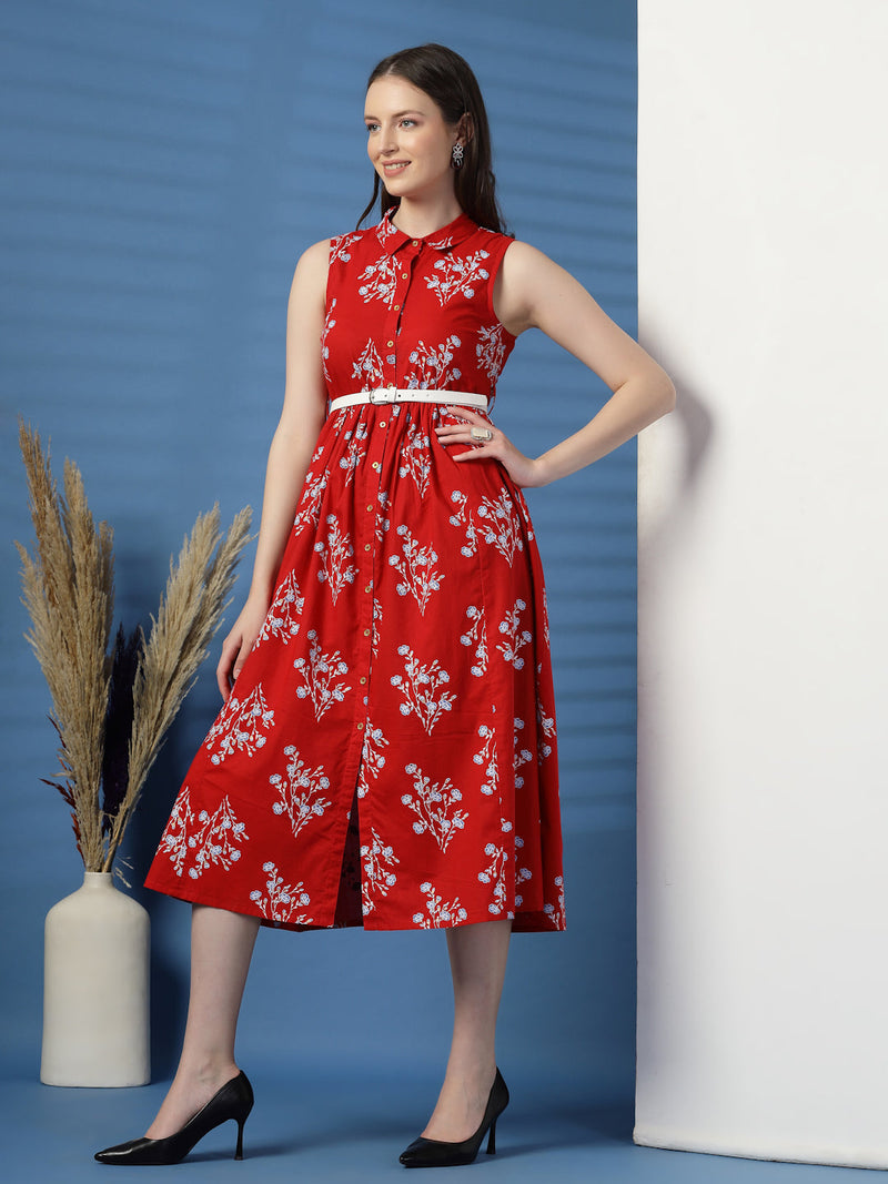 Elegant Red Printed Cotton Dress – A Timeless Classic!
