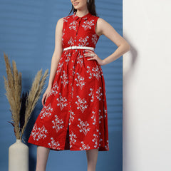 Elegant Red Printed Cotton Dress – A Timeless Classic!