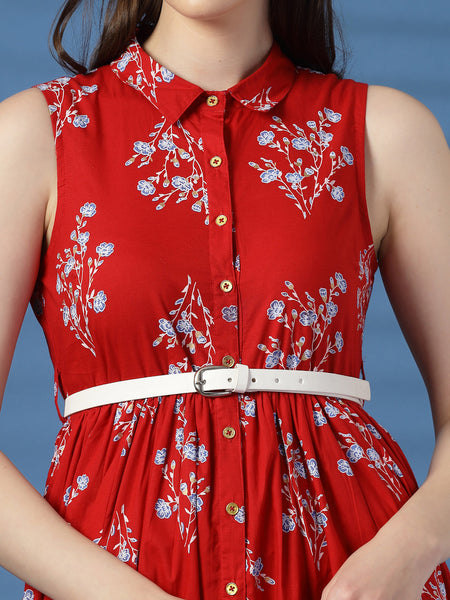 Elegant Red Printed Cotton Dress – A Timeless Classic!
