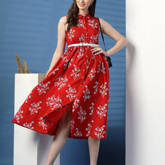 Elegant Red Printed Cotton Dress – A Timeless Classic!