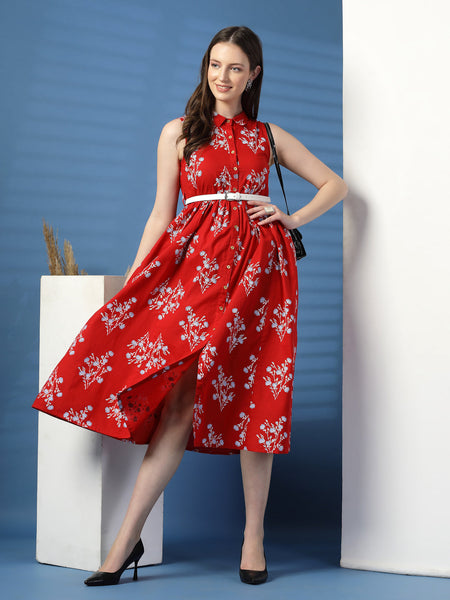 Elegant Red Printed Cotton Dress – A Timeless Classic!