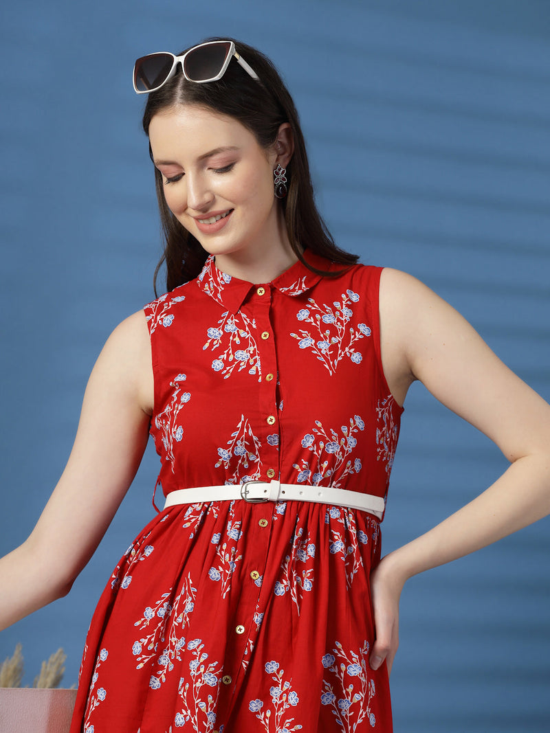 Elegant Red Printed Cotton Dress – A Timeless Classic!