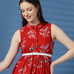 Elegant Red Printed Cotton Dress – A Timeless Classic!