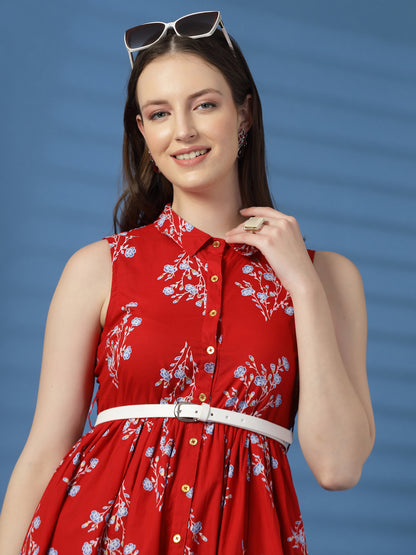 Elegant Red Printed Cotton Dress – A Timeless Classic!