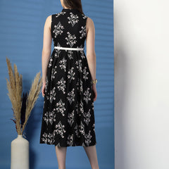 Women Black Floral Print Shirt Collar Sleeveless Shirt Style Midi Dress