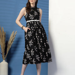 Women Black Floral Print Shirt Collar Sleeveless Shirt Style Midi Dress