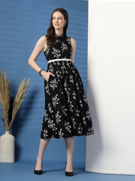 Women Black Floral Print Shirt Collar Sleeveless Shirt Style Midi Dress