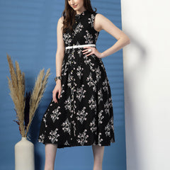 Women Black Floral Print Shirt Collar Sleeveless Shirt Style Midi Dress