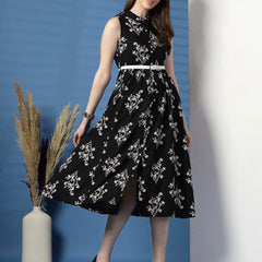 Women Black Floral Print Shirt Collar Sleeveless Shirt Style Midi Dress