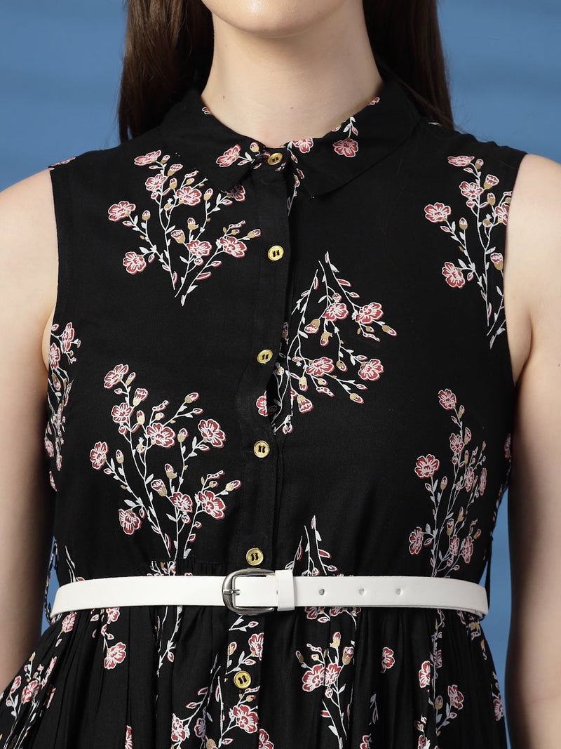 Women Black Floral Print Shirt Collar Sleeveless Shirt Style Midi Dress