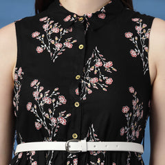 Women Black Floral Print Shirt Collar Sleeveless Shirt Style Midi Dress
