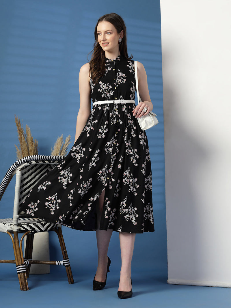 Women Black Floral Print Shirt Collar Sleeveless Shirt Style Midi Dress