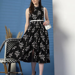 Women Black Floral Print Shirt Collar Sleeveless Shirt Style Midi Dress
