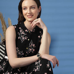 Women Black Floral Print Shirt Collar Sleeveless Shirt Style Midi Dress