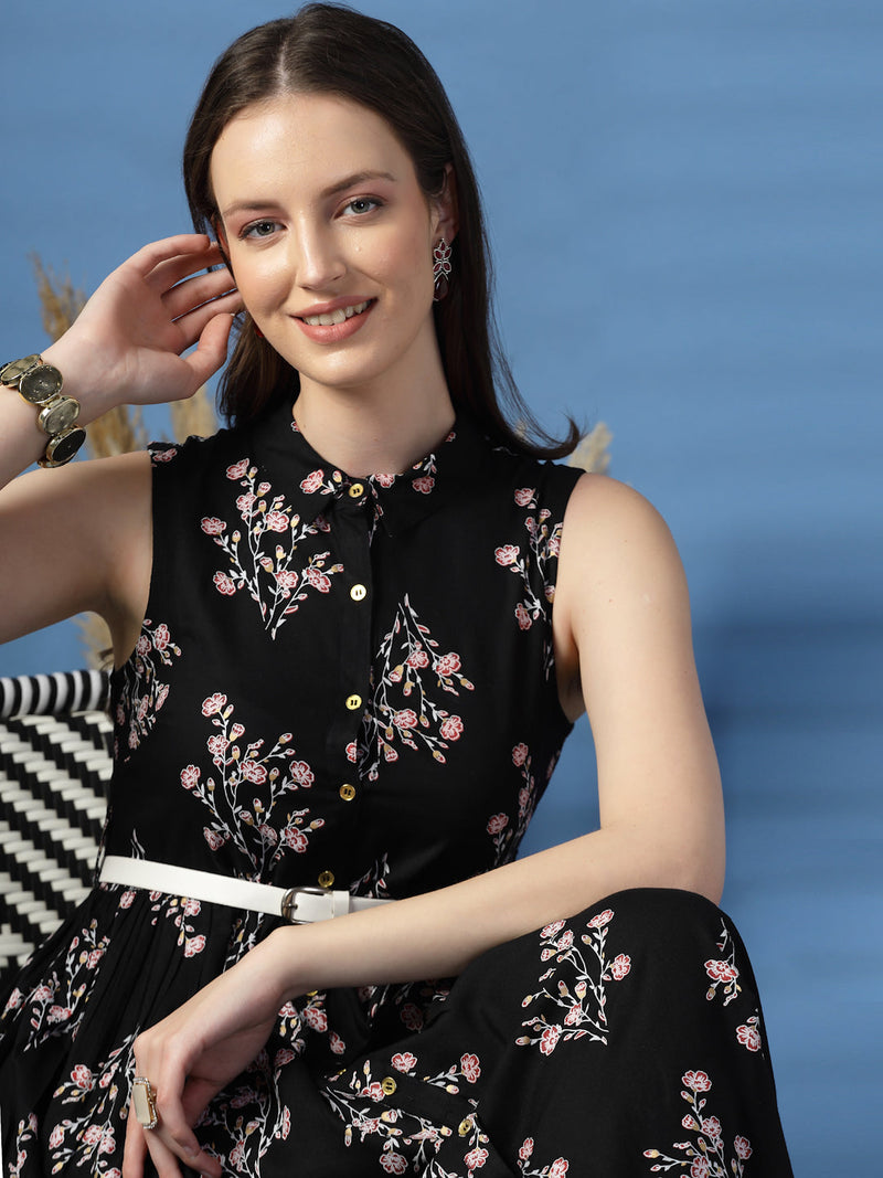 Women Black Floral Print Shirt Collar Sleeveless Shirt Style Midi Dress