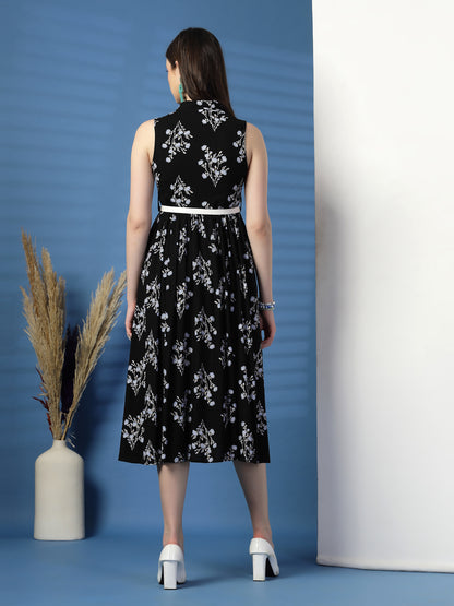 Chic Black Sleeveless Printed Rayon Dress – Effortless Elegance