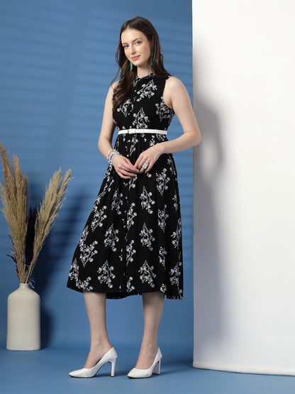 Chic Black Sleeveless Printed Rayon Dress – Effortless Elegance