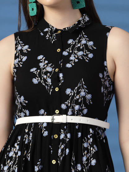 Chic Black Sleeveless Printed Rayon Dress – Effortless Elegance
