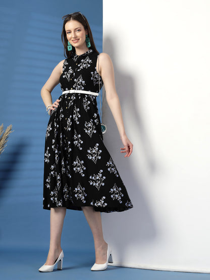 Chic Black Sleeveless Printed Rayon Dress – Effortless Elegance