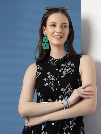Chic Black Sleeveless Printed Rayon Dress – Effortless Elegance