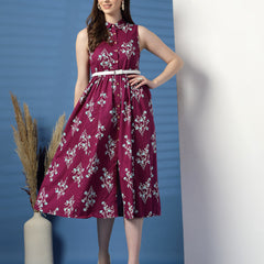 Women Purple Floral Printed Shirt Collar A-Line Dress