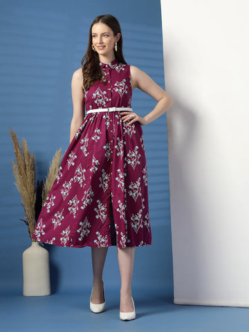 Women Purple Floral Printed Shirt Collar A-Line Dress