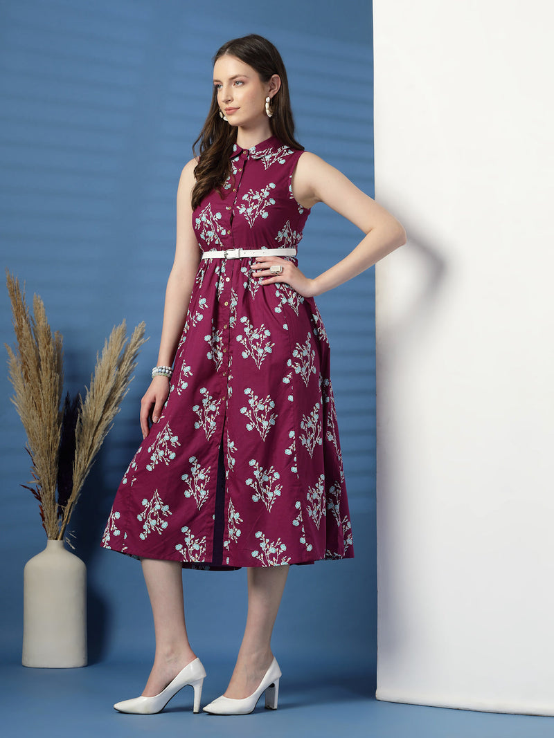 Women Purple Floral Printed Shirt Collar A-Line Dress