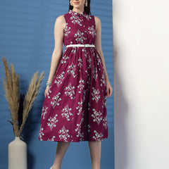 Women Purple Floral Printed Shirt Collar A-Line Dress