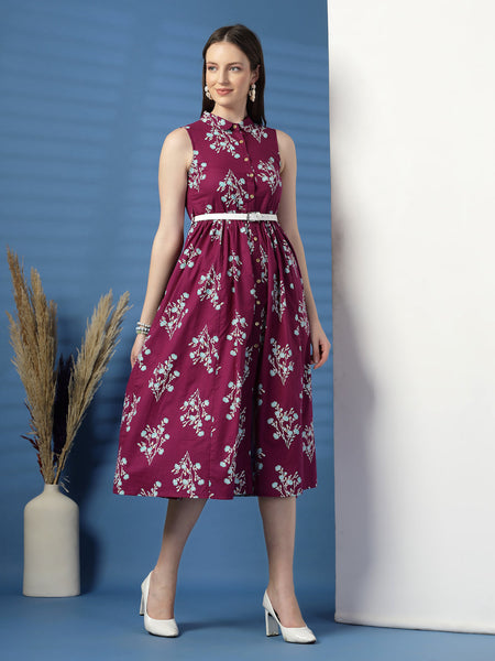 Women Purple Floral Printed Shirt Collar A-Line Dress